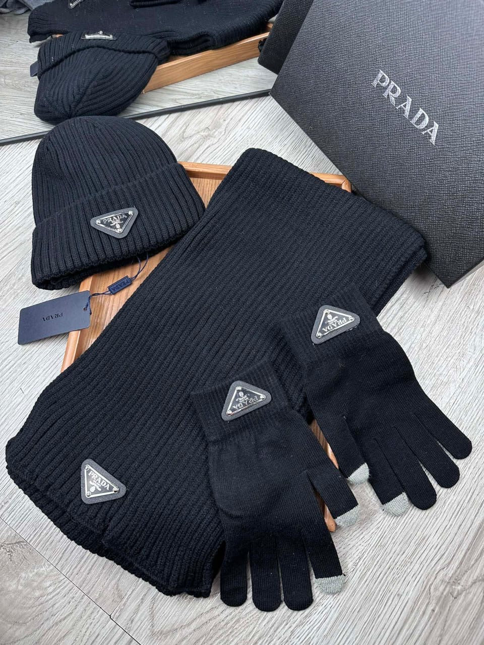 Prada scarf , hat , gloves
