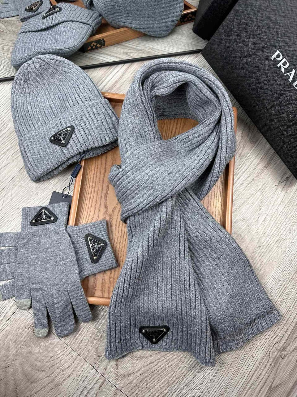 Prada scarf , hat , gloves