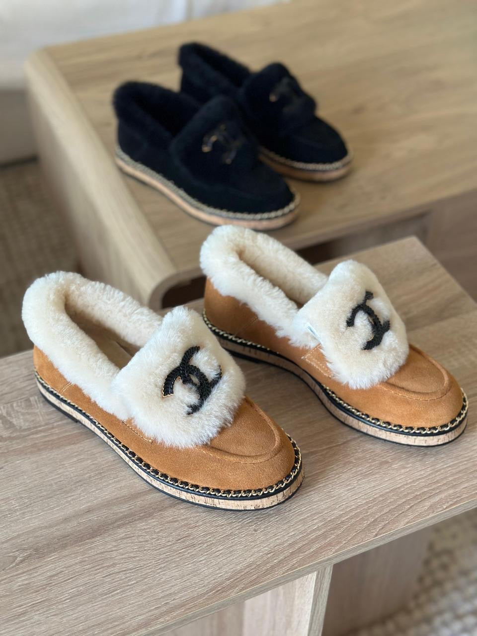 Chanel loafers with fur