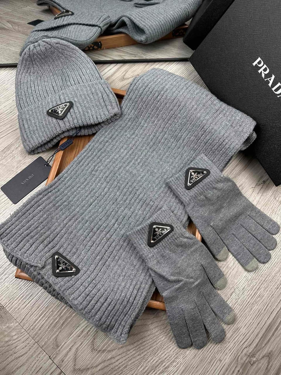 Prada scarf , hat , gloves