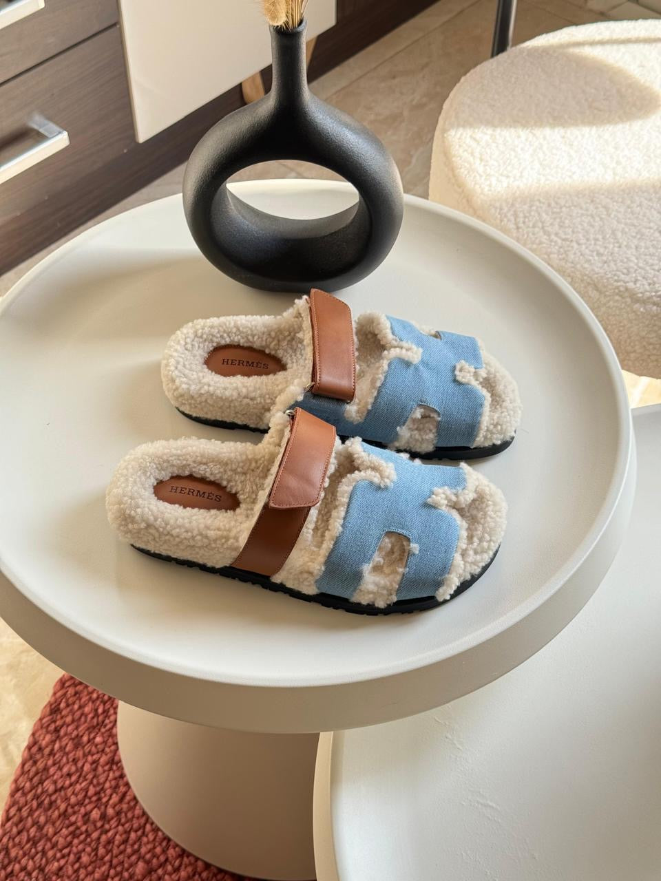 Hermes slippers chypre with fur