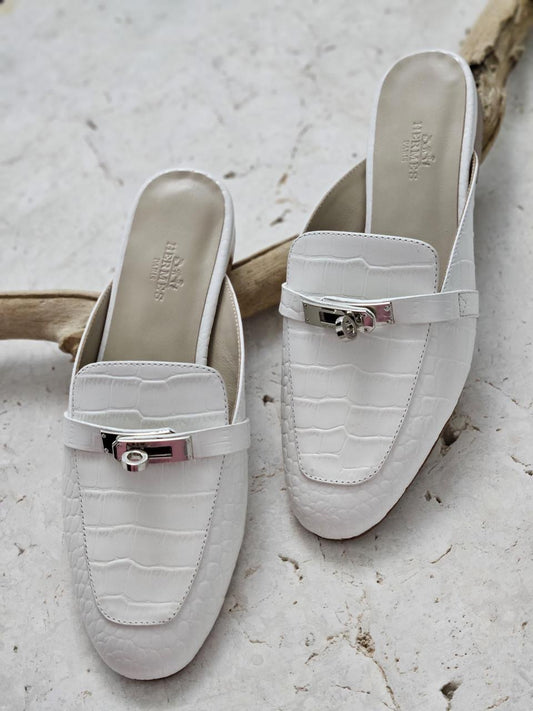 Hermes mules white crocodile