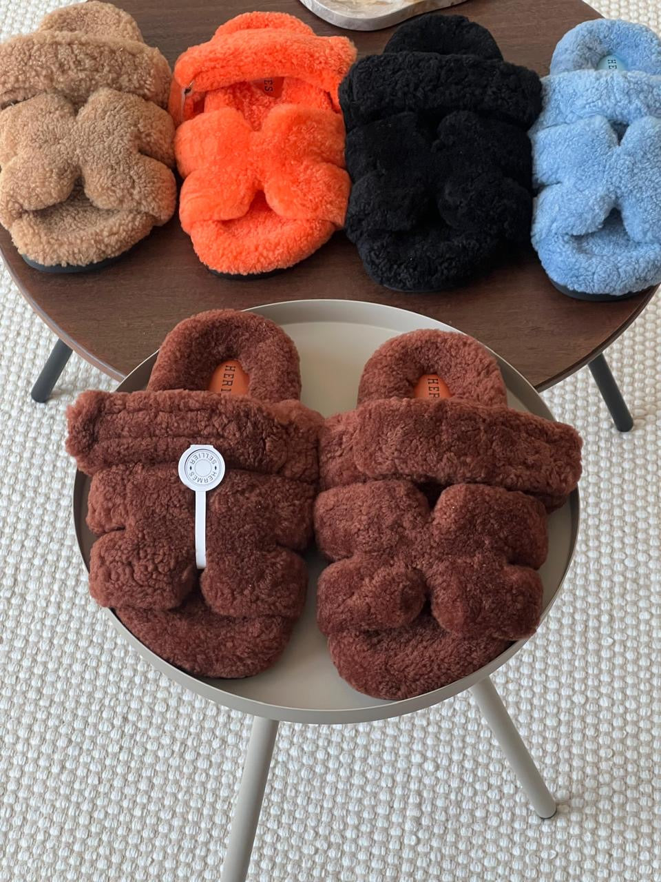 Hermes slippers chypre with fur