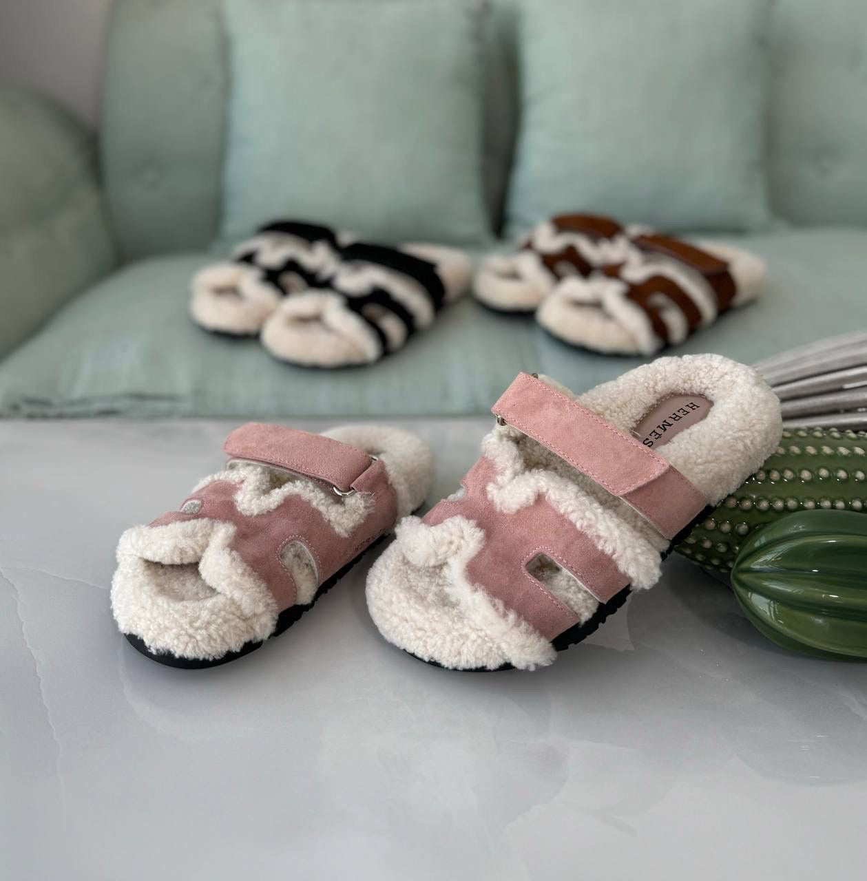 Hermes slippers chypre with fur