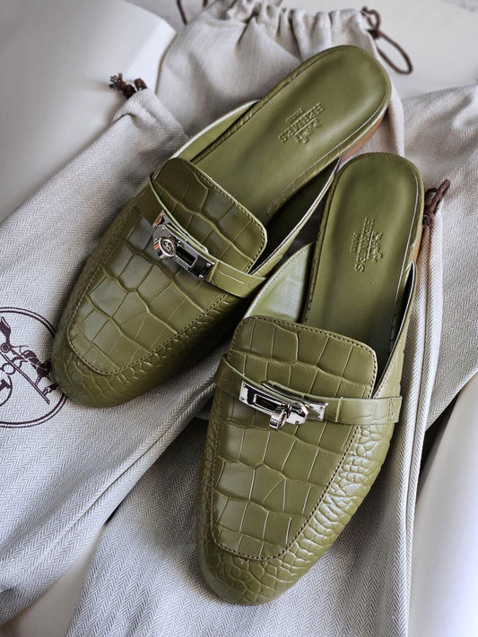 Hermes mules - crocodile green