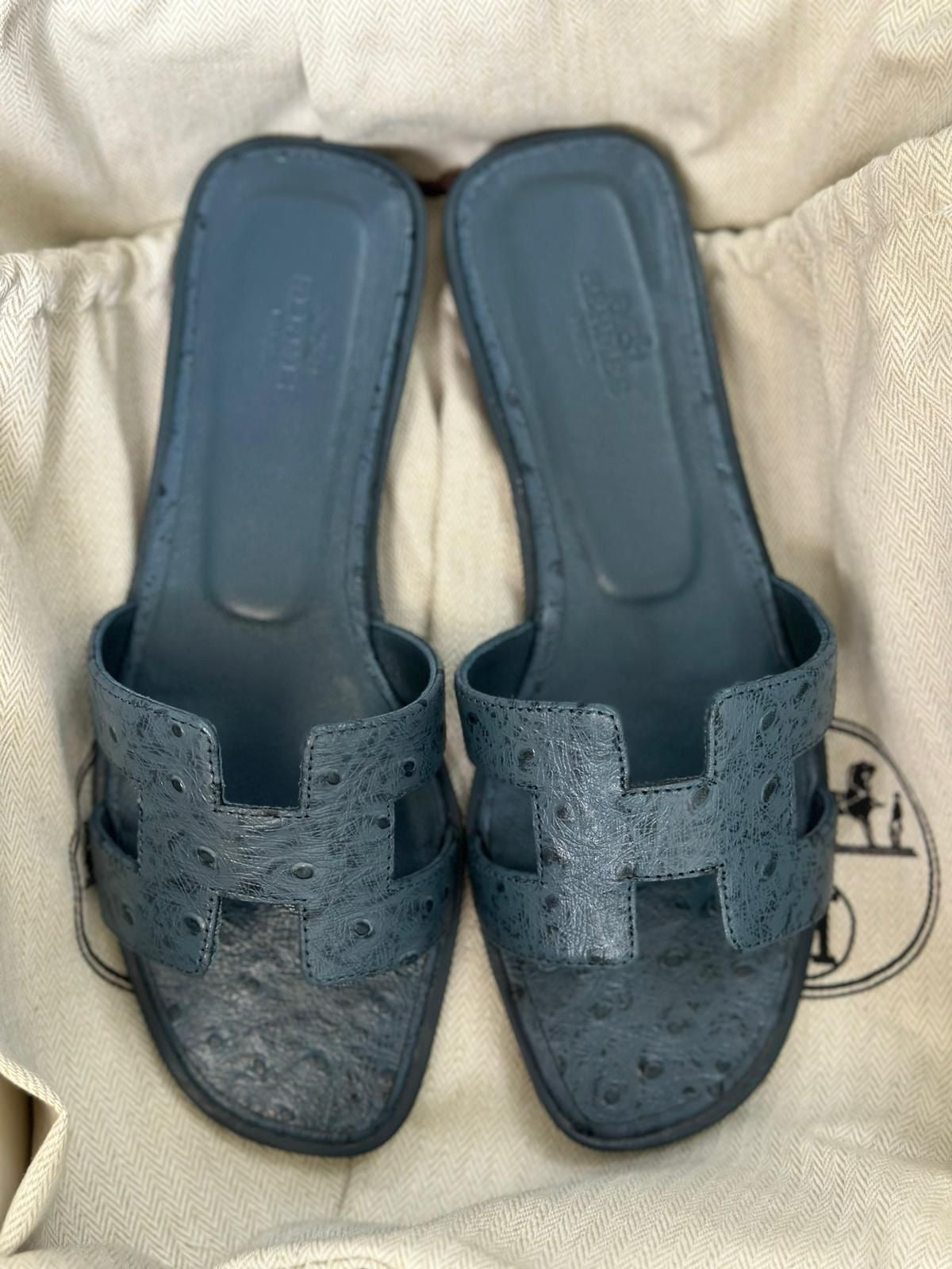 Hermes slippers ostrich blue