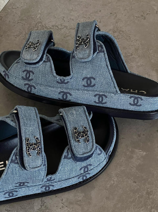 Chanel slippers denim blue