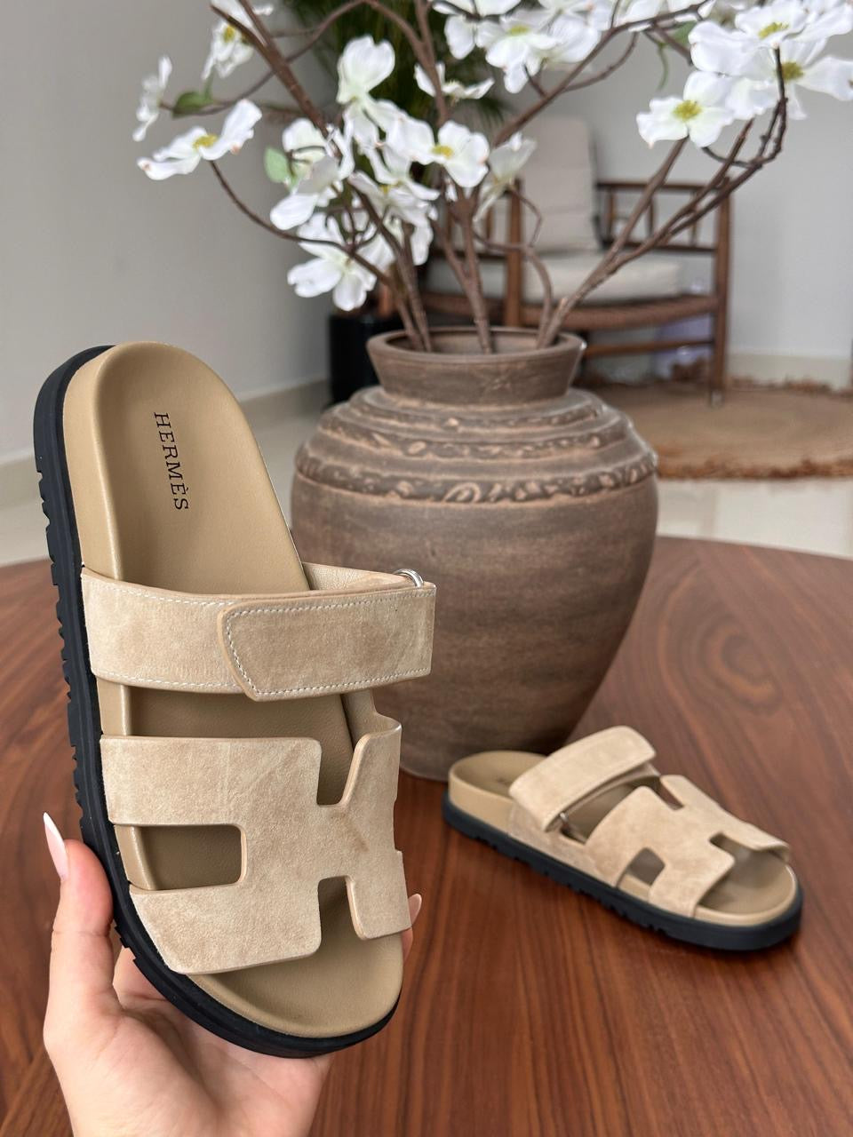 Hermes slippers chypre - suede