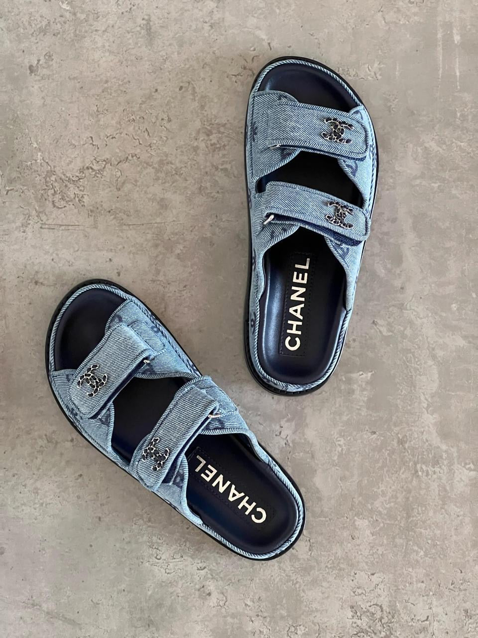 Chanel slippers denim blue