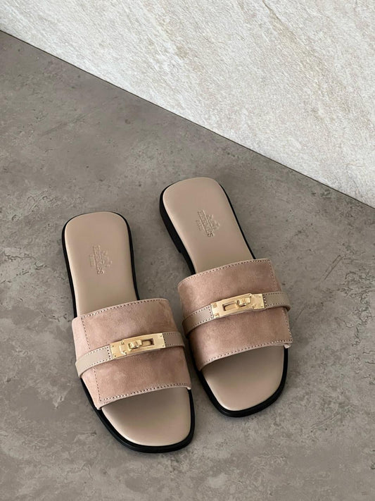 Hermes slippers beige suede
