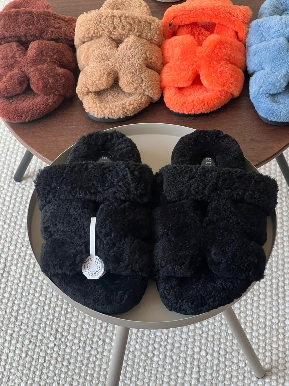Hermes slippers chypre with fur