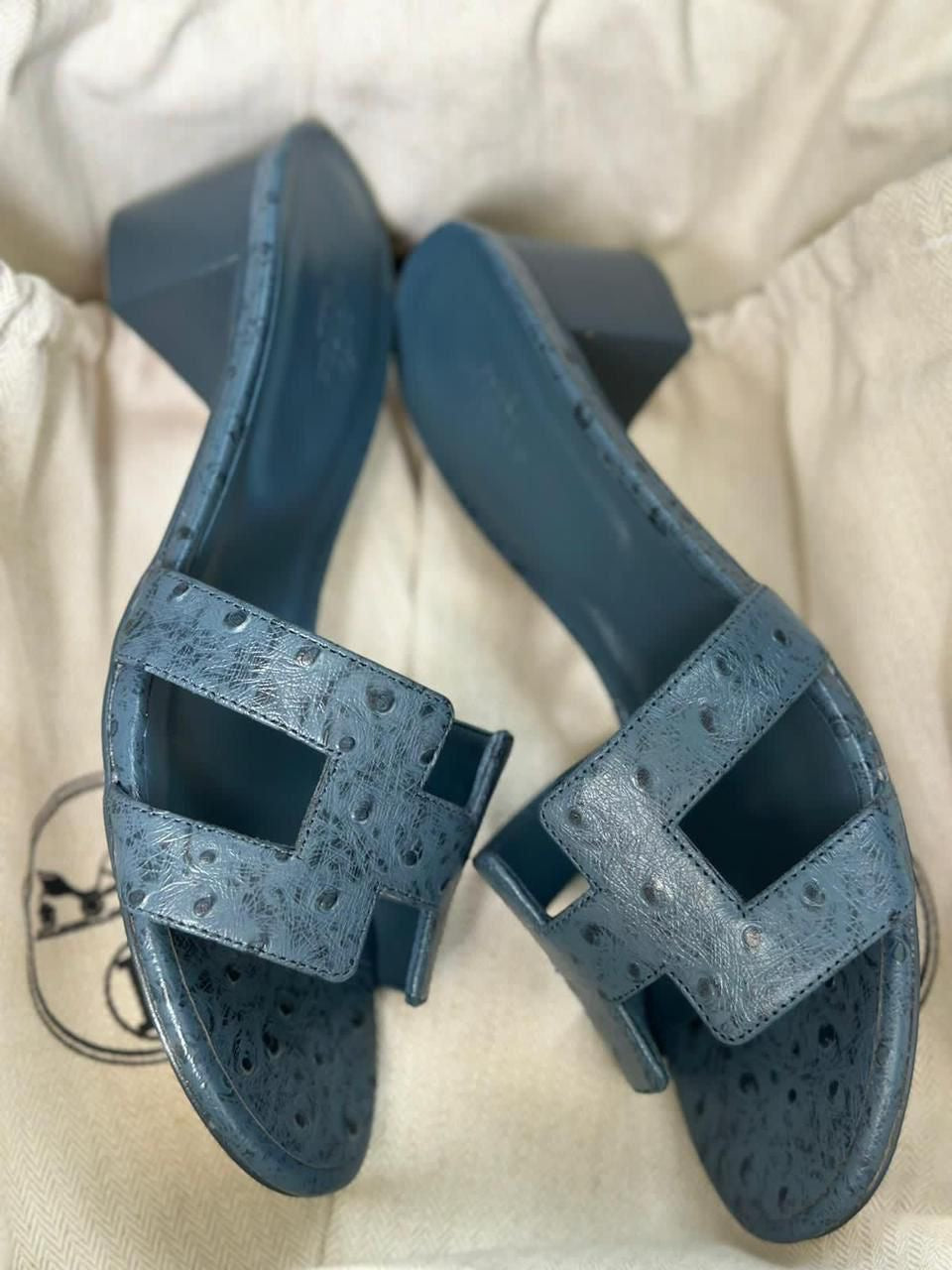Hermes sandals heels ostrich blue