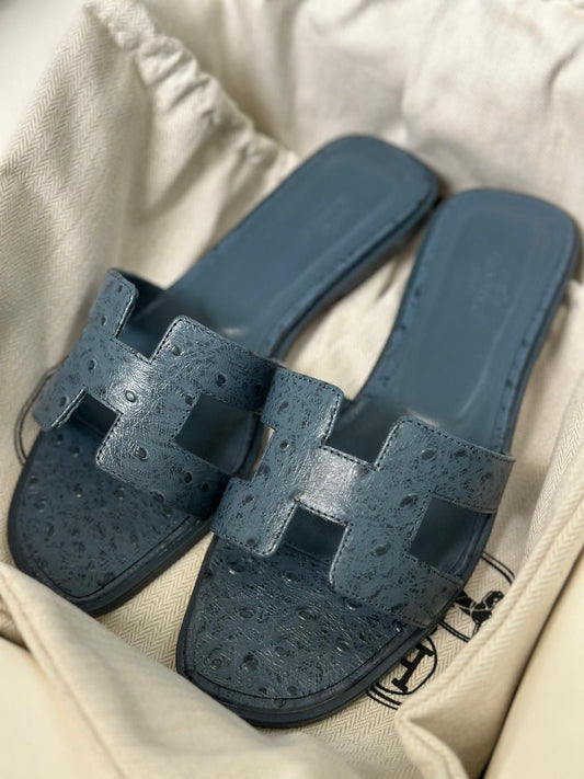 Hermes slippers ostrich blue