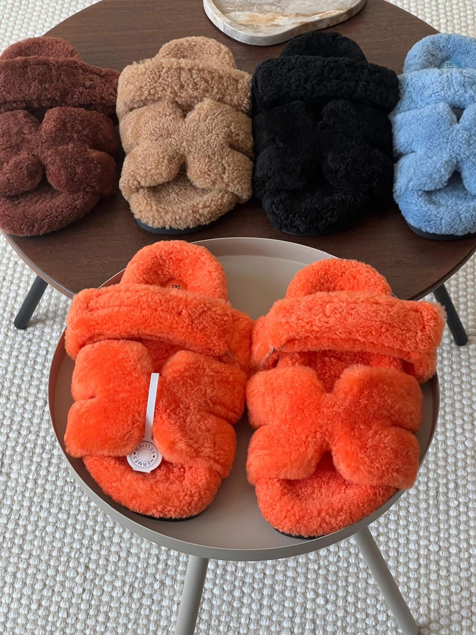 Hermes slippers chypre with fur