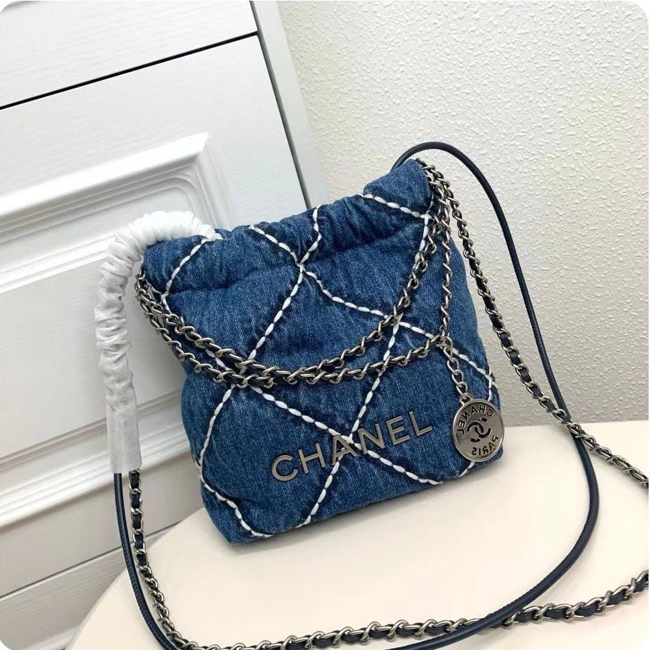 Chanel bag tote blue denim small