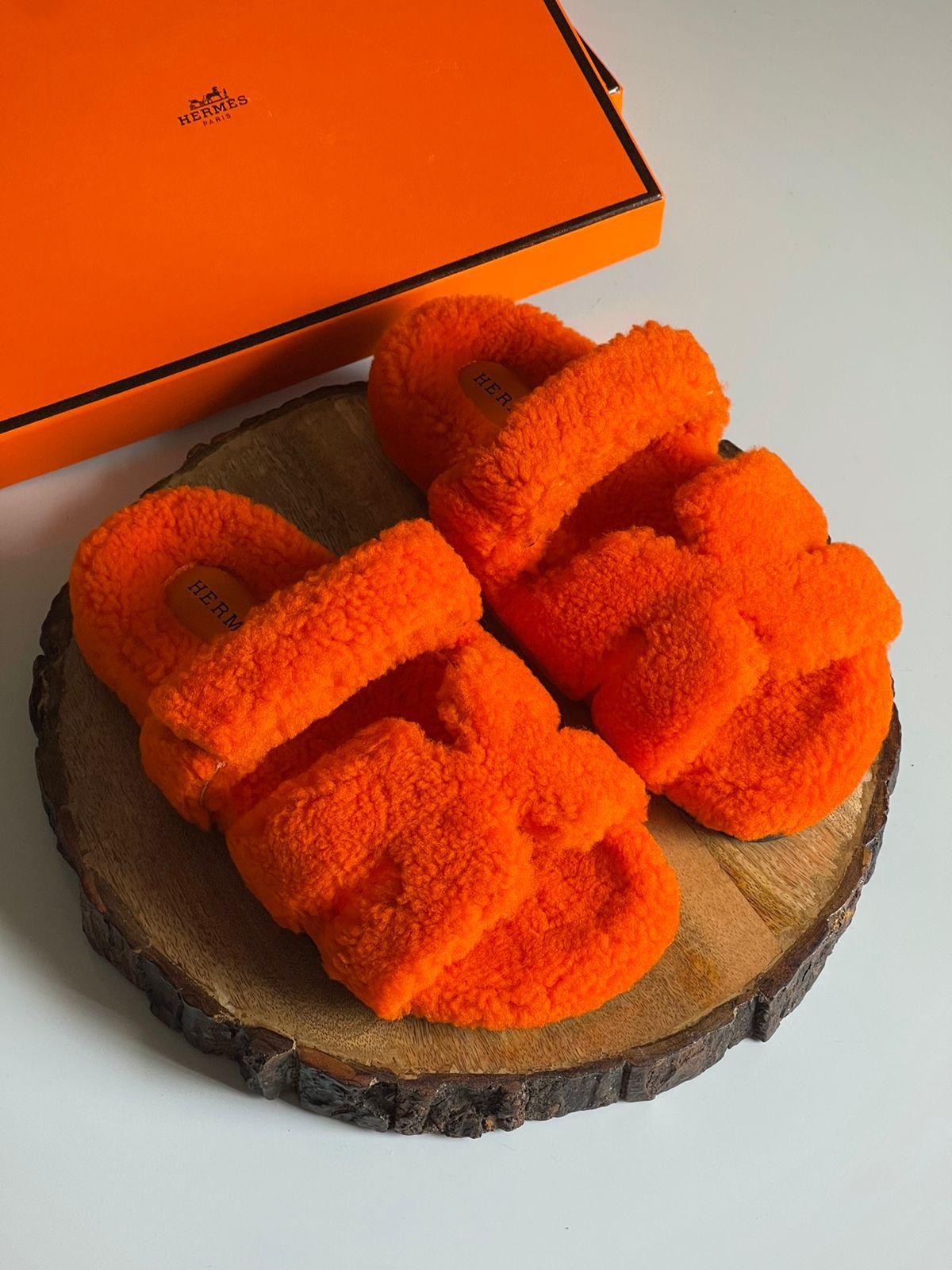 Hermes slippers with fur