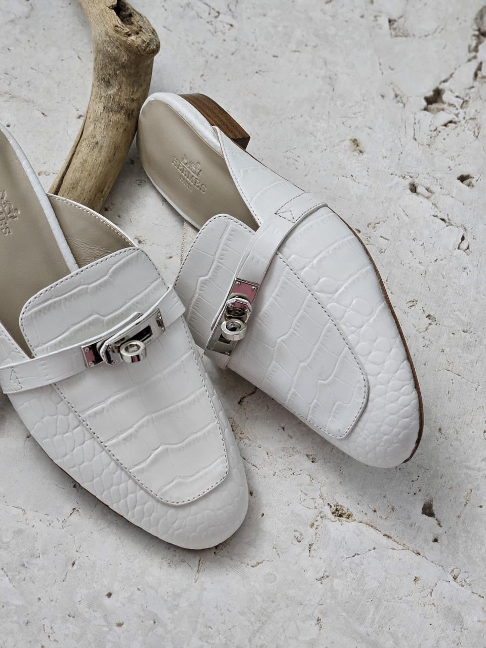 Hermes mules white crocodile