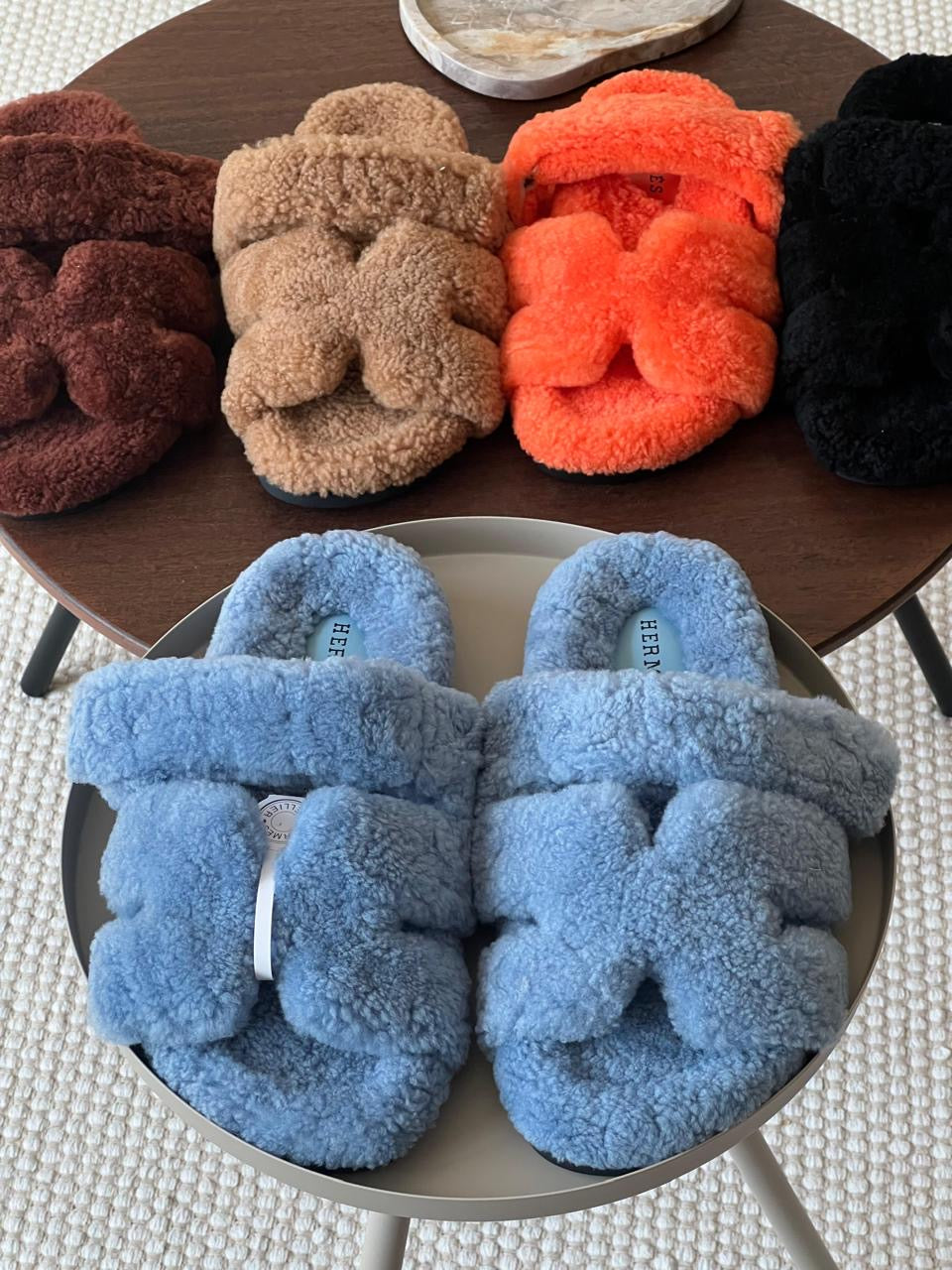 Hermes slippers chypre with fur