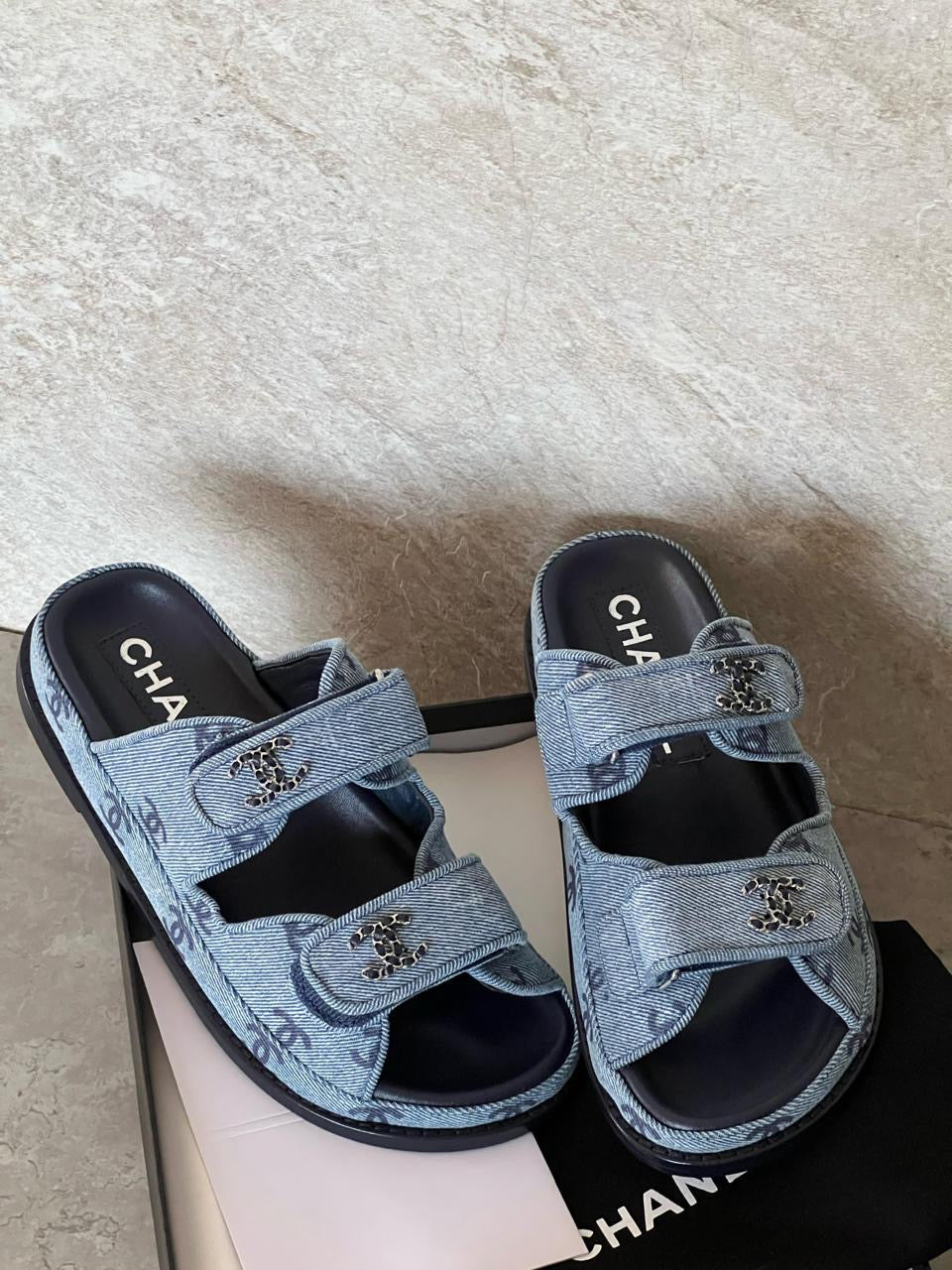 Chanel slippers denim blue