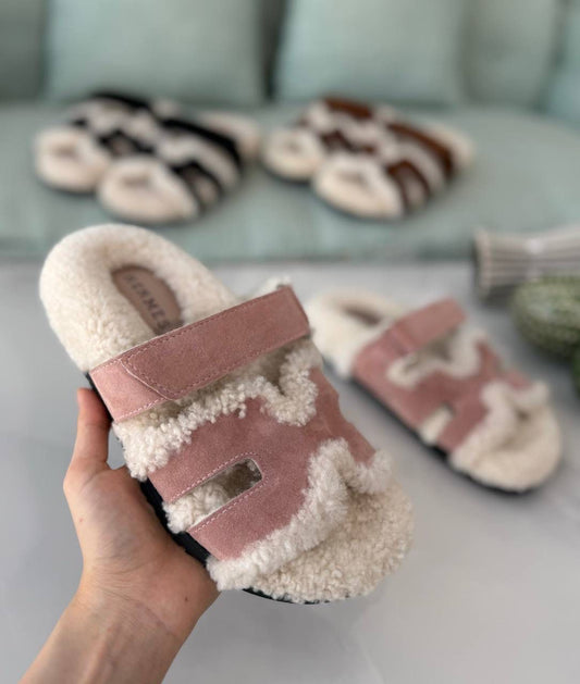 Hermes slippers chypre with fur