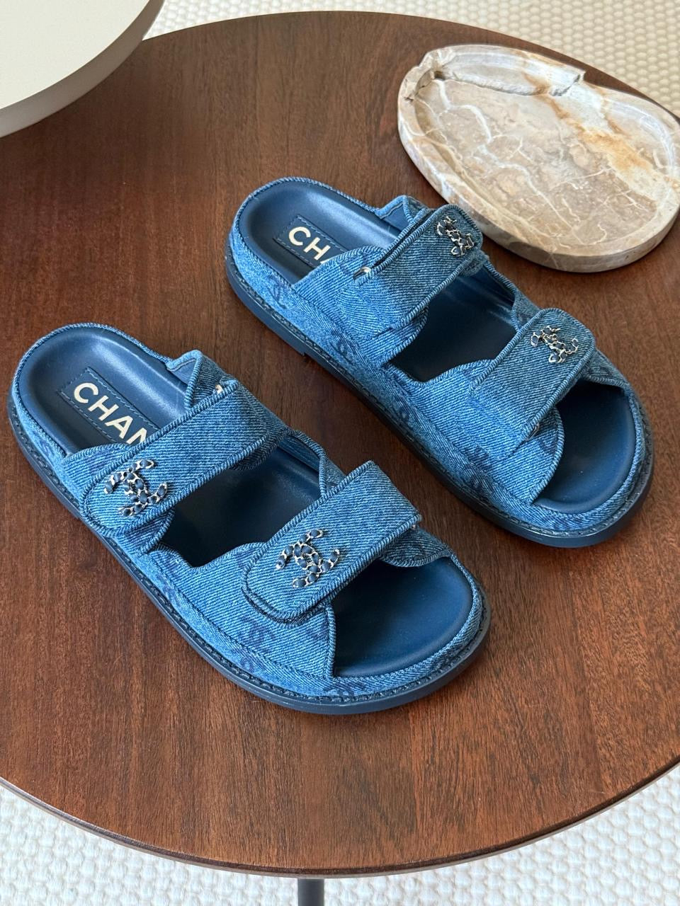 Chanel slippers & Chanel sandals. Denim