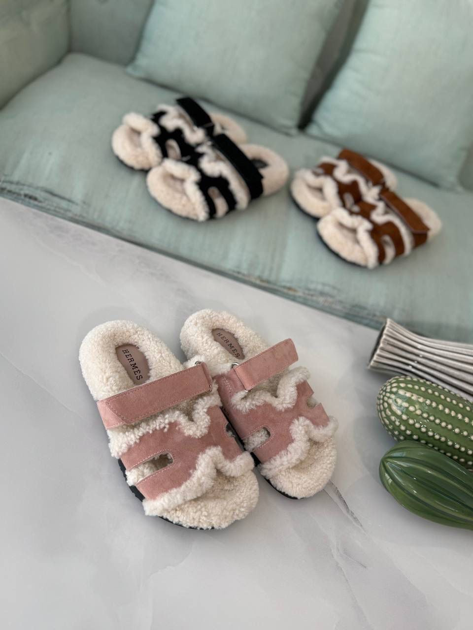 Hermes slippers chypre with fur