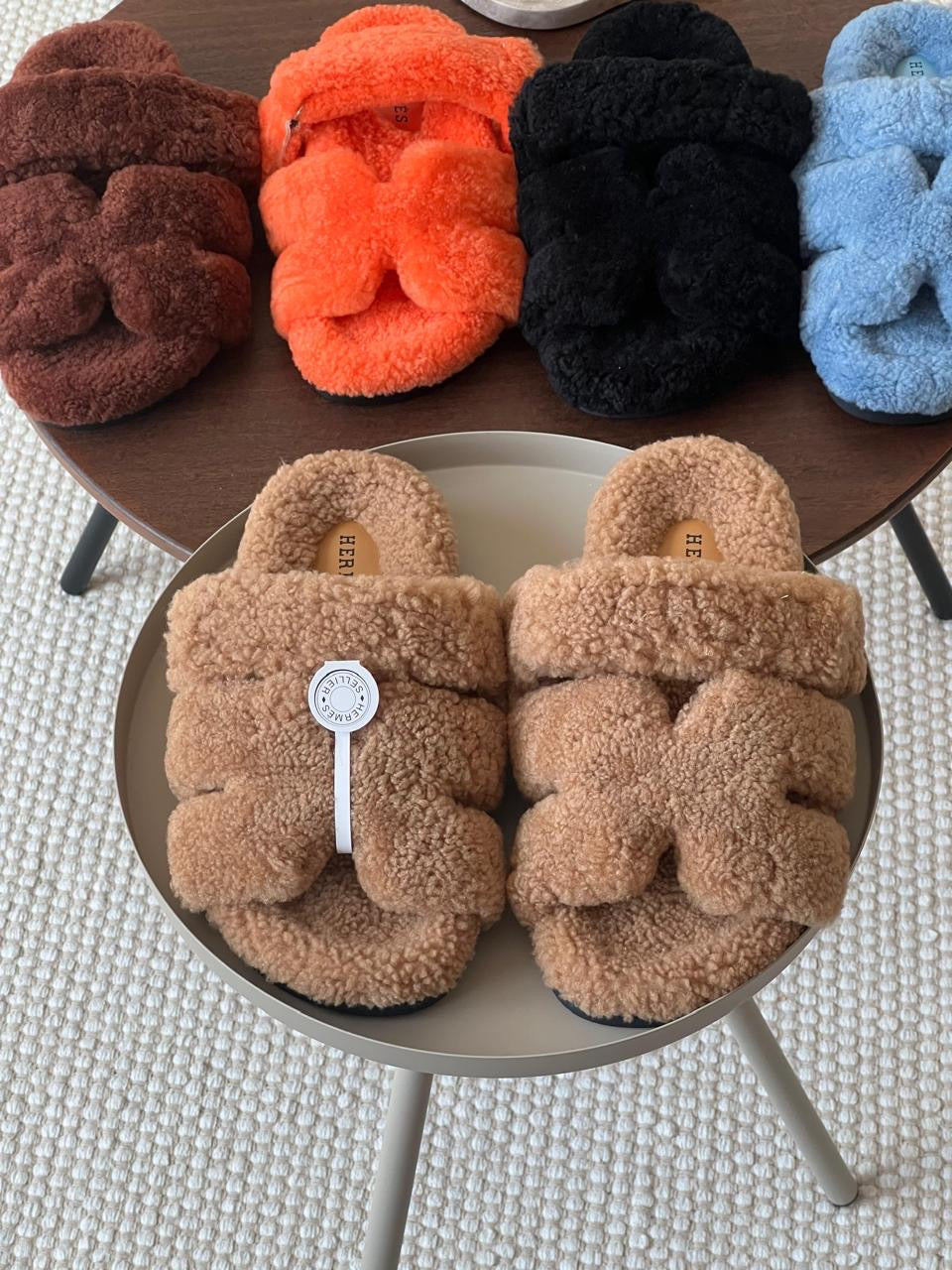 Hermes slippers chypre with fur
